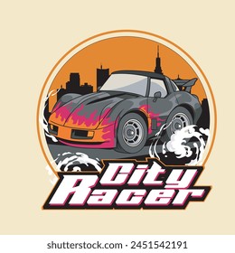 Vector Illustration of Grey Mini Car with Fire Motif with Vintage Illustration Available for Kids Badge