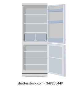 Vector illustration grey opened empty refrigerator. Refrigerator or fridge icon