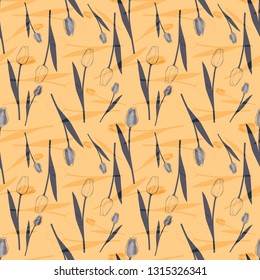 Vector illustration of grey and orange tulips on yellow background. Perfect for scrapbooking, wallpaper, fashion design, notebook cover projects.
