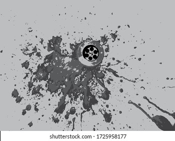 Vector illustration of grey paint on bathroom drain. Splash, splatter, distressed.