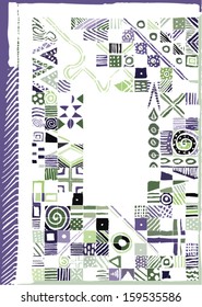Vector illustration of grey purple triangle tribal African background / texture. Abstract hand drawn picture frame / border.