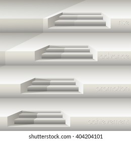 Vector illustration with   grey stairs on grey background.  3d geometric background with text rise, achievement,  advance,  promotion.