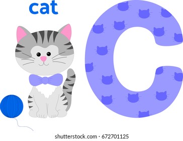 Vector illustration of a grey striped cat with letter C isolated on white background for kids book, workbook, magazine, educational placard. etc.