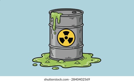 Vector illustration of a grey toxic waste barrel leaking bright green radioactive slime on a blue background.