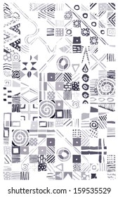 Vector illustration of grey triangle tribal circle spiral African background / texture. Abstract hand drawn.