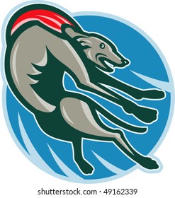 vector illustration of a Greyhound racing and jumping set inside circle.