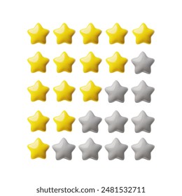 Vector illustration of a grid of 3D stars in yellow and gray, representing ratings or levels of achievement. Ideal for feedback, quality assessments, or decoration.