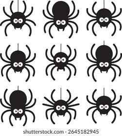 Ilustração vetorial de um arranjo de grade de aranhas negras de desenhos animados bonitos perfeito para o dia das bruxas