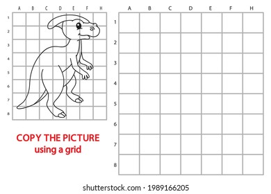 Vector illustration of grid copy educational puzzle game with happy cartoon dinosaur character for children