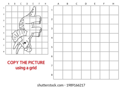 Vector illustration of grid copy educational puzzle game with happy cartoon dinosaur character for children