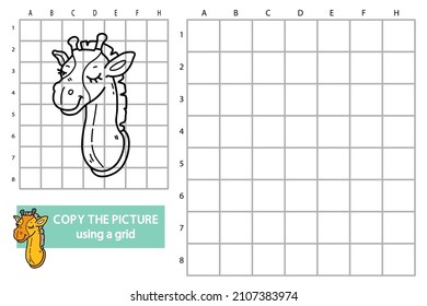 Vector illustration of grid copy picture educational puzzle game with doodle giraffe wall decor
