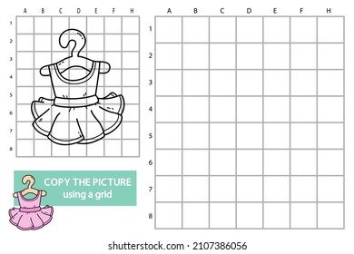 Vector illustration of grid copy picture educational puzzle game with doodle ballet tutu