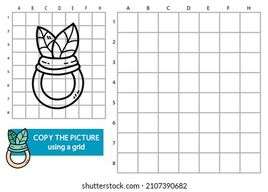 Vector illustration of grid copy picture educational puzzle game with doodle leaf teether