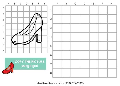 Vector illustration of grid copy picture educational puzzle game with doodle woman shoes