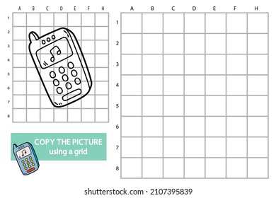 Vector illustration of grid copy picture educational puzzle game with doodle music phone