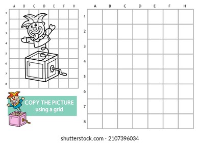 Vector illustration of grid copy picture educational puzzle game with doodle Jack in box