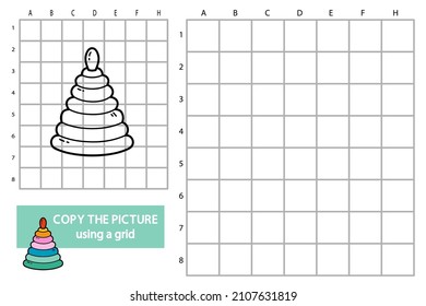 Vector illustration of grid copy picture educational puzzle game with doodle pyramid 