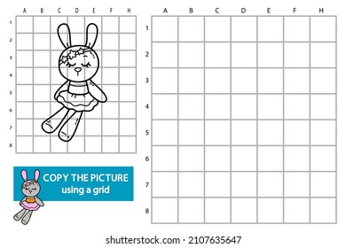 Vector illustration of grid copy picture educational puzzle game with doodle bunny toy