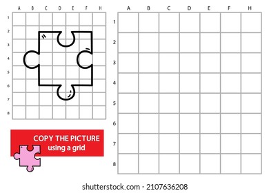 Vector illustration of grid copy picture educational puzzle game with doodle puzzle piece