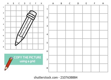 Vector illustration of grid copy picture educational puzzle game with doodle pencil