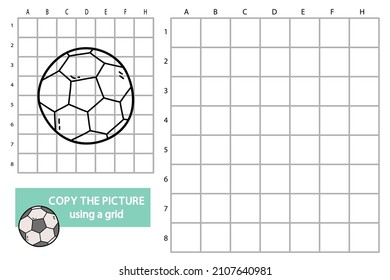 Vector illustration of grid copy picture educational puzzle game with doodle football ball