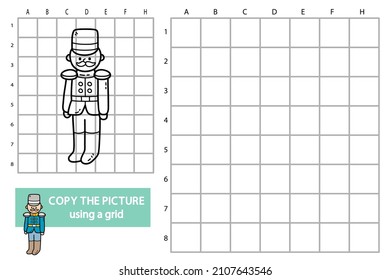 Ilustración vectorial del juego de rompecabezas educativo de copia de la cuadrícula con el soldado del niño del doodle