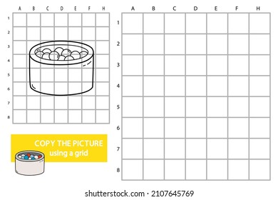 Vector illustration of grid copy picture educational puzzle game with doodle balls pool