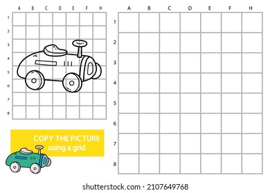 Vector illustration of grid copy picture educational puzzle game with doodle car