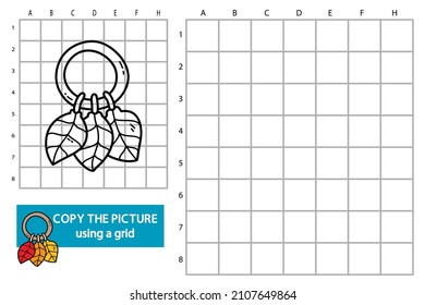 Vector illustration of grid copy picture educational puzzle game with doodle teether leaves