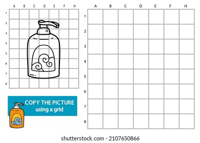 Vector illustration of grid copy picture educational puzzle game with doodle liquid soap