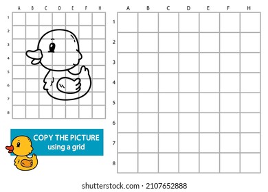 Vector illustration of grid copy picture educational puzzle game with doodle rubber duck