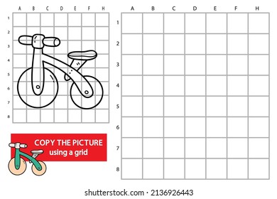 ilustración vectorial del juego de rompecabezas educativo de copia de la cuadrícula con bici en ejecución de doodle