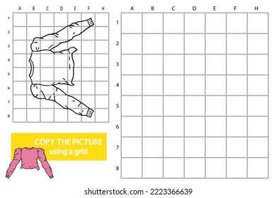 Vector illustration of grid copy picture educational puzzle game with doodle coat
