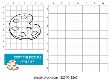 Vector illustration of grid copy picture educational puzzle game with doodle palette