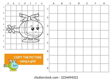 vector illustration of grid copy picture educational puzzle game with cartoon helicopter