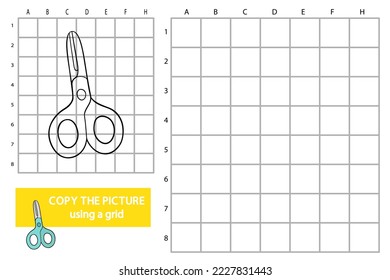 Ilustración vectorial de un juego de rompecabezas educativo de copia de cuadrícula con tijeras de doodle