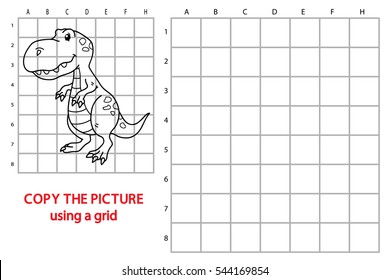 Vector illustration of grid copy puzzle with happy cartoon dinosaur for children