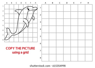 Vector illustration of grid copy puzzle with happy cartoon dolphin for children