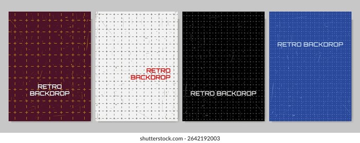 Vector illustration. Grid pattern of dashed line with scratched texture background. Set of flat style backdrops. Design elements for poster, cover, gift card, flyer, social media, marketing, ad.