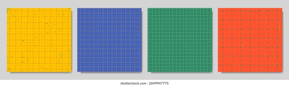 Ilustração vetorial. Padrão de grade de linha tracejada com plano de fundo de textura arranhada. Conjunto de cores de planos de fundo de estilo plano. Elementos de design para modelo de mídia social, banner da web, post do blog, papel de parede