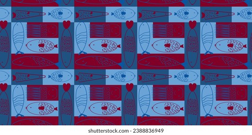 Vector illustration, grid pattern, fish in love, heart, Valentine's Day,