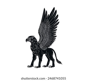 Vector illustration of a griffin. Half bird; half lion Fairytale animal. Mythical creature. Ancient Greek characters. Bird with lion paws. Lion with the head of an eagle. Black silhouette