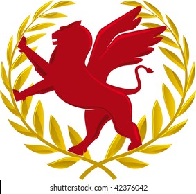 Vector illustration of a griffin in a laurel wreath. Only global colors. CMYK. Easy color changes.