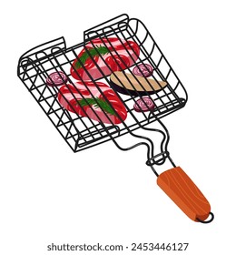 Vector illustration of a grill grill with fresh meat steaks, vegetables, seasoning, cooking outdoors. Ideal for use in promotional materials. Isolated illustration of a barbecue. grilling techniques