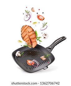 Vector illustration grill pan with salmon and garlic
