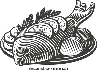 A vector illustration of grill prepared fish with loaf and lemon.
Restaurant seafood dish. Food illustration