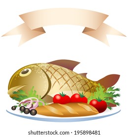 A vector illustration of grill prepared fish with loaf and vegetables
