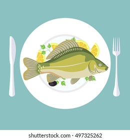 Vector illustration of grill prepared fish with lemon and parsley.