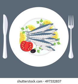 Vector illustration of grill prepared fish with lemon and parsley.