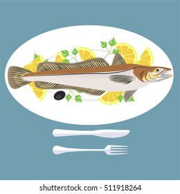 Vector illustration of grill prepared fish with lemon and parsley.